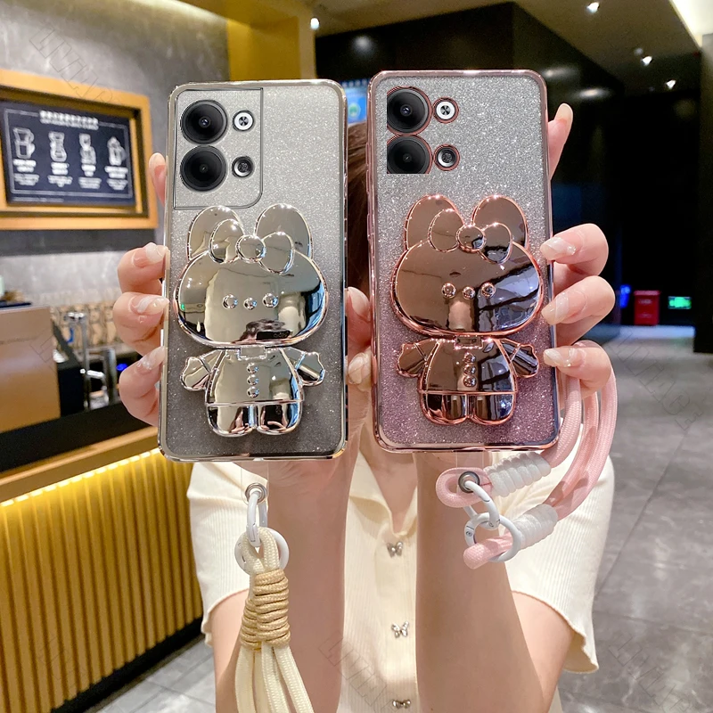 reno7 8 Gilitter Mirror Rabbit Wrist Strap Phone Case For Oppo Reno 10 9 7 8 6 Pro 4G 5G 8T 8 6Z 4 3 2 7SE 7pro 5k Stand Cover