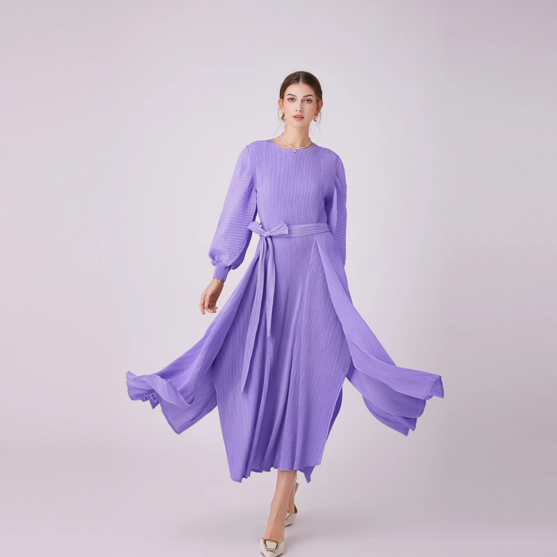 

Miyake Women's Clothing New Pleated Solid Color Large Swing Long Lace Up Dress 2024 Versatile and Elegant Style Round Neck