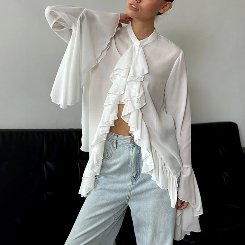 Talenza See-through Ruffle Shirt Top Women\'s White O-Neck Long Sleeve Shirt Casual Single-Breasted Loose Patchwork Shirt Top