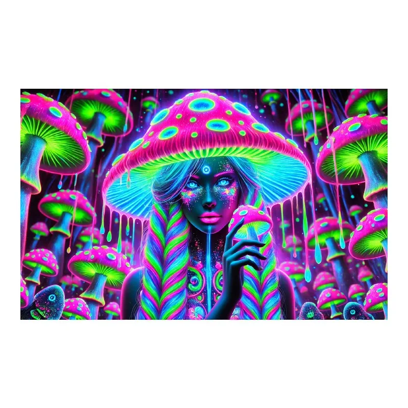

Blacklight Mushroom Girl Tapestry 2D Flat Printed UV Reactive Peach Skin Fluorescent Wall Hanging Trippy Aesthetic Room Decor