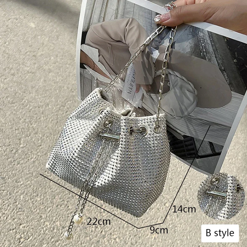 Bolsos de cubo con diamantes de imitación de memoria dulce para mujer, bolsos de hombro con cadena de perlas Retro, bolsos cruzados pequeños brillantes, bolsos femeninos