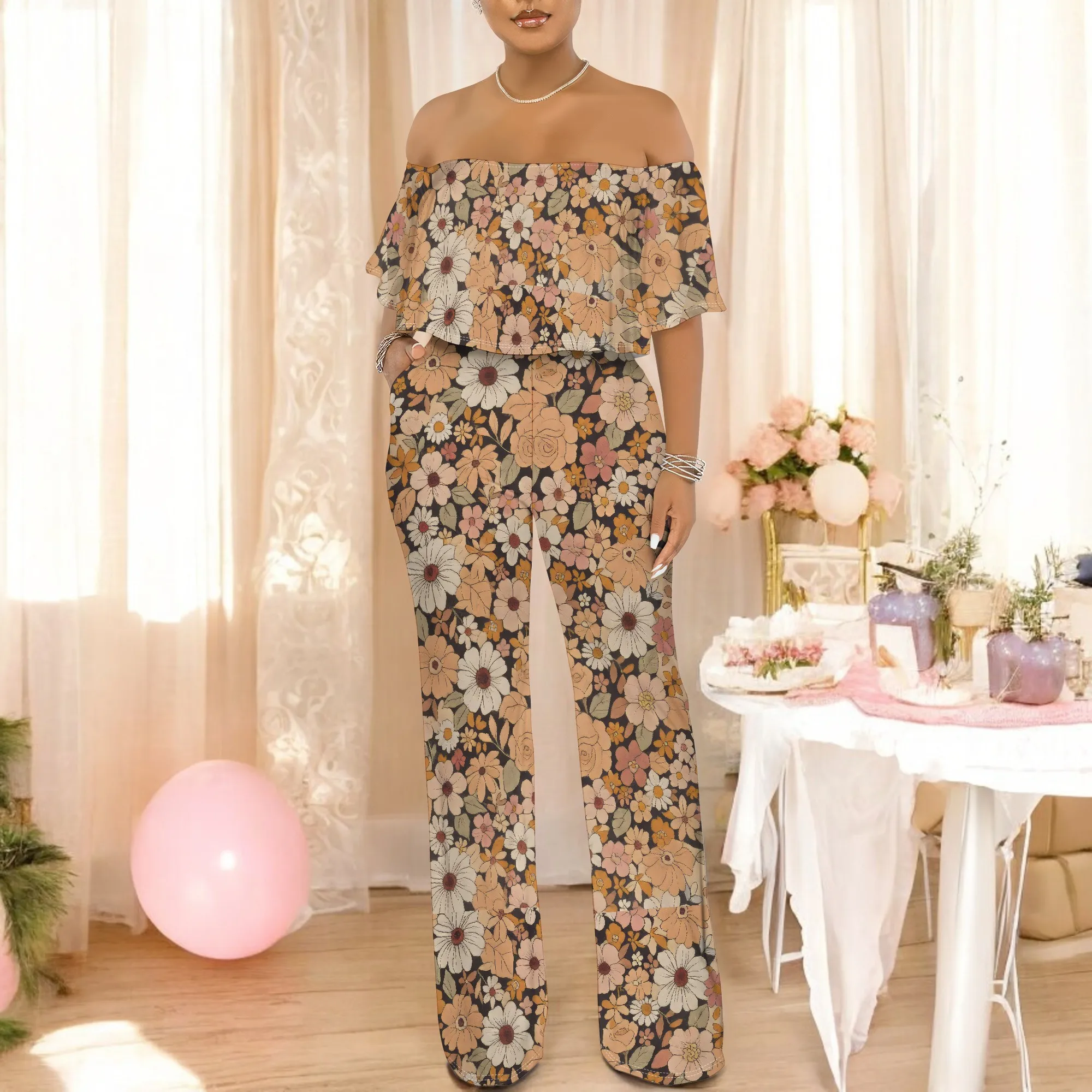 ปิดไหล่ด้านบน Ruffle ดอกไม้พิมพ์ Jumpsuits สําหรับผู้หญิงกางเกงขากว้าง Club Party ชุด Jumpsuit พร้อมกระเป๋า