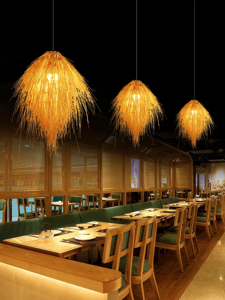 Creative grass chandelier grass weaving LED art personalized straw hat light B & B rattan art vine art rattan weaving bamboo