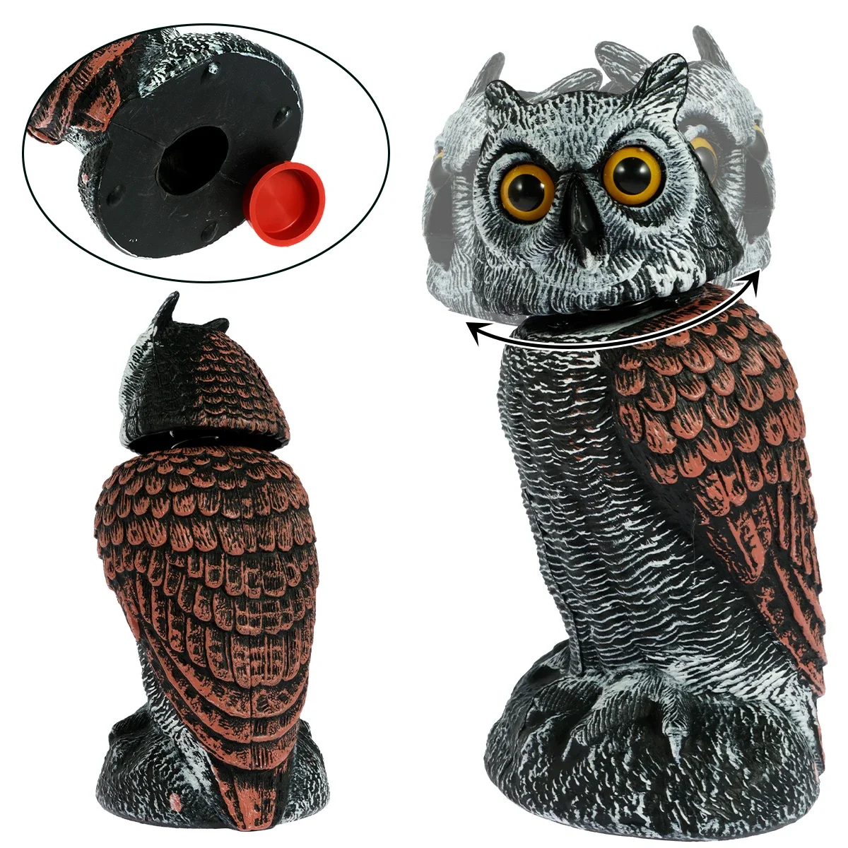 Simulation Owl Decoy Lifelike Fake Owl Bird Deterrent 360° Swivel Head Realistic Owl Statue Scare Birds Plastic Gardening Decor