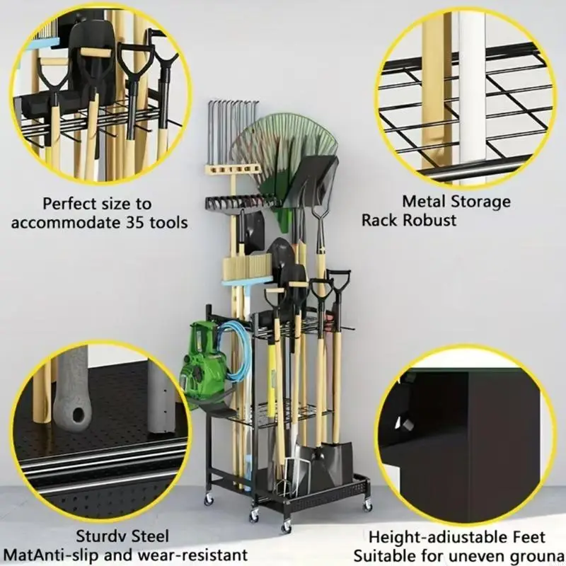 Practical Level Garden Tool Stand For Shovels Rakes Brooms And Yard Equipment Wall Mountable Holder KXRE