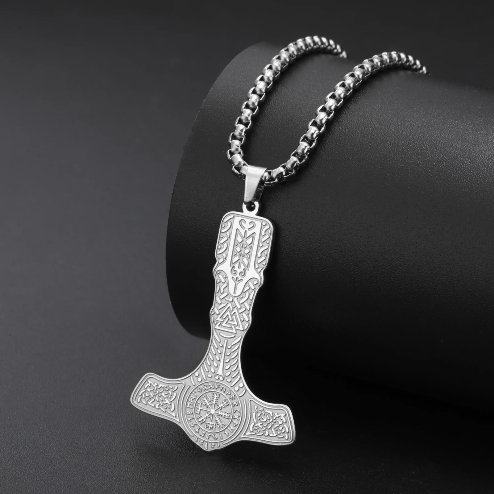 1PC Thor Hammer Necklace Stainless Steel Gold Compass Pendant Retro Hip Hop Street Necklace Fashion Men Jewelry Birthday Gifts