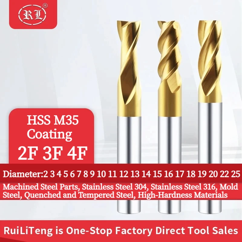 

RuiLiTeng M35 Высокоскоростные стальные плоские концевые фрезы 2F 3F 4F для прецизионных режущих инструментов из нержавеющей стали 304 и 316,