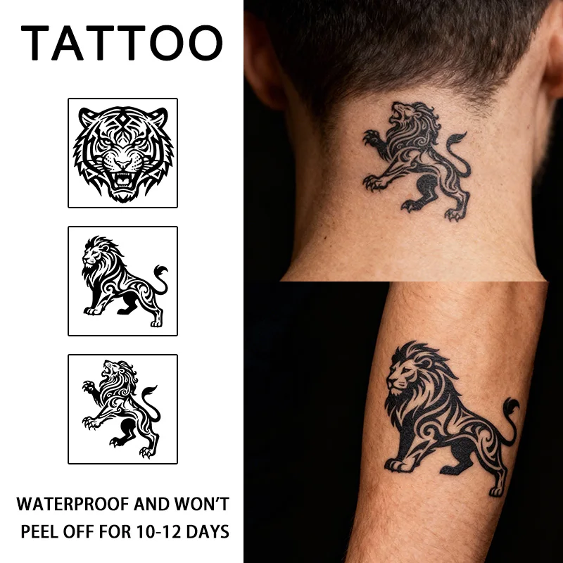 King of Beasts Waterproof Temporary Tattoo Stickers, Lion & Tiger, Long-lasting Waterproof for One to Two Weeks, Arm, Palm, Leg.
