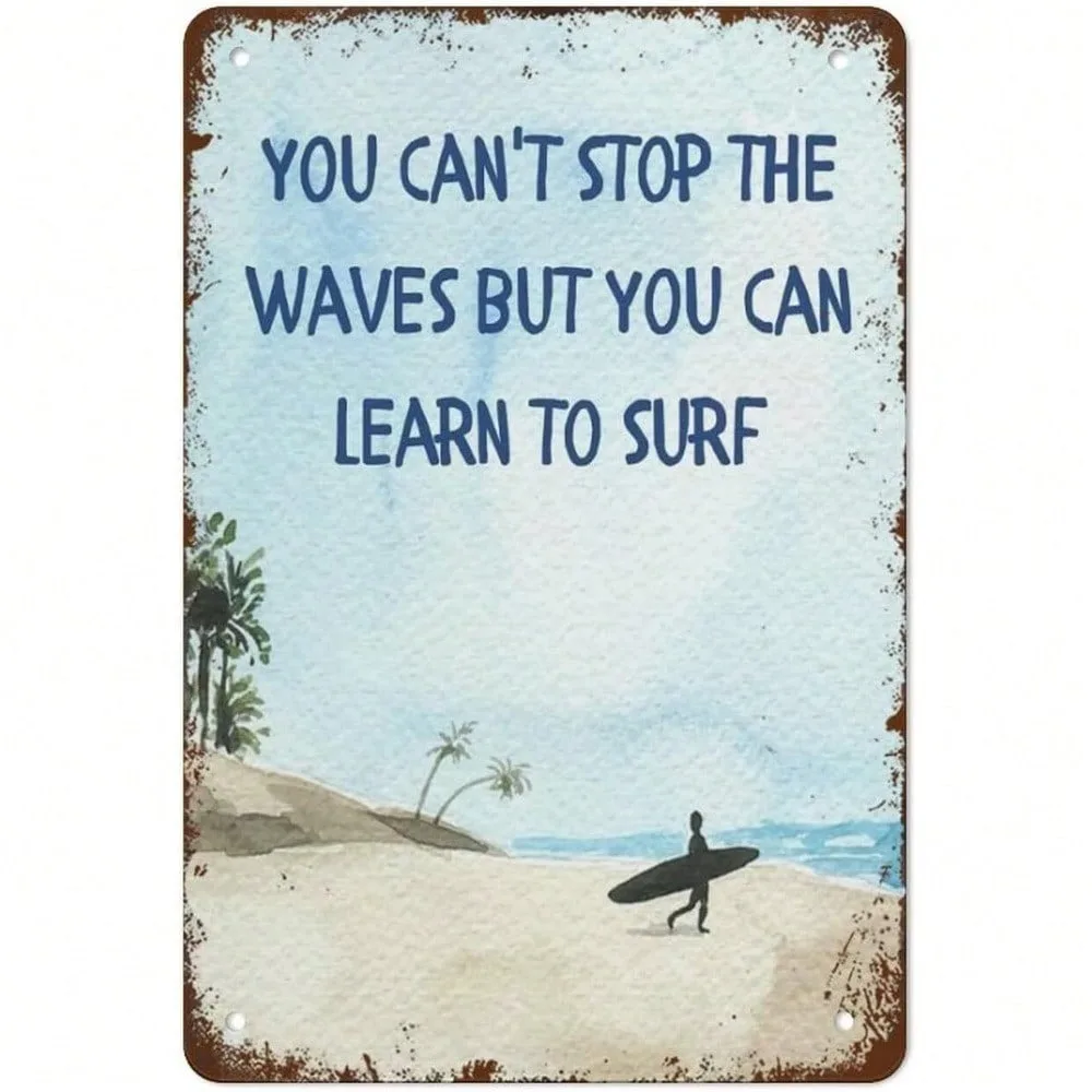 

Vintage Surfing Quote Metal Wall Sign 8x12 Inch Art Deco Beach House Décor Learn To Surf Tin Sign for Ramadan 2026 & Valentine's