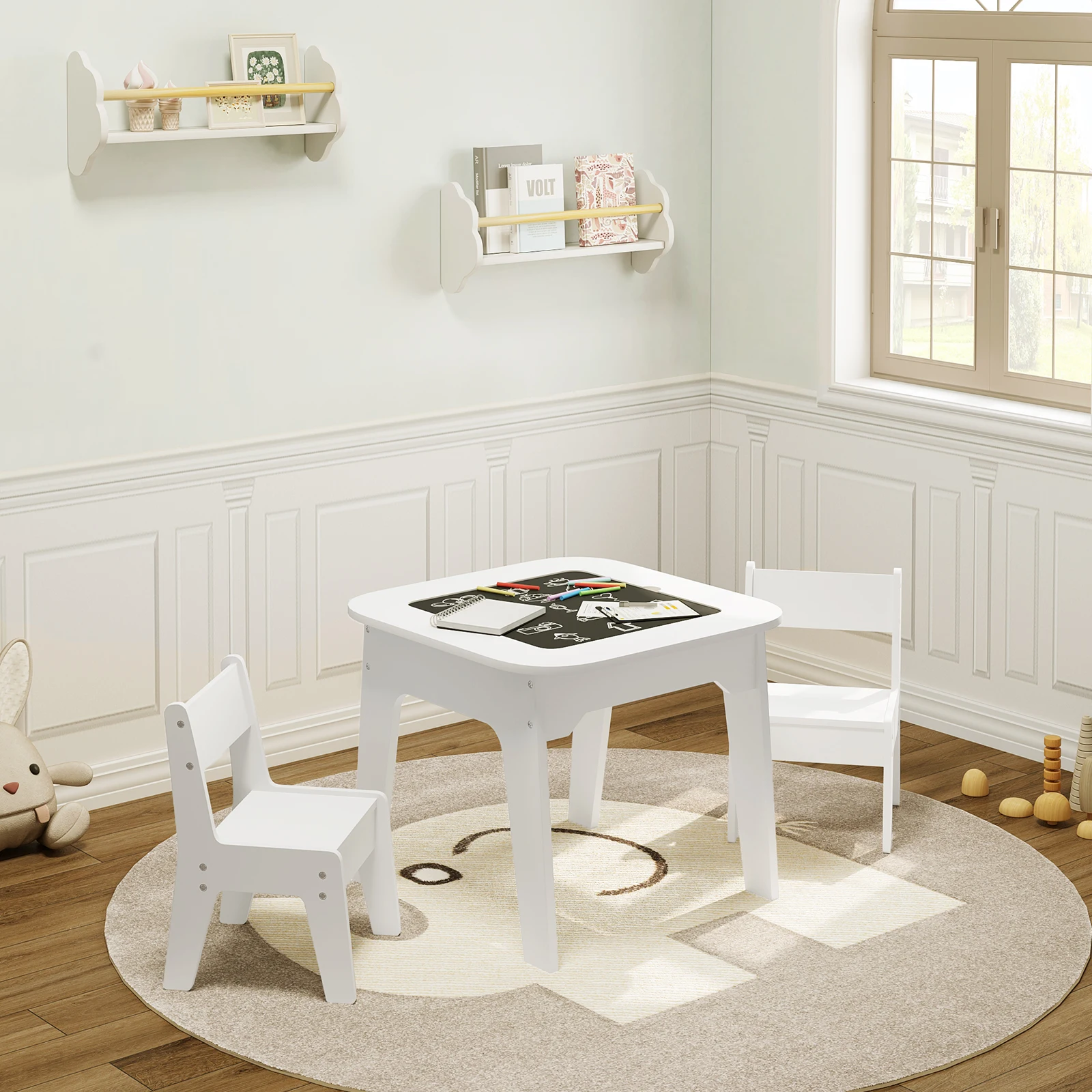 Image of WOLTU Weißer Kindertisch mit 2 Stühlen, Stauraum, Schreibtisch, doppelseitige Tischplatte für Kinder zum Lernen, Lesen und Studieren