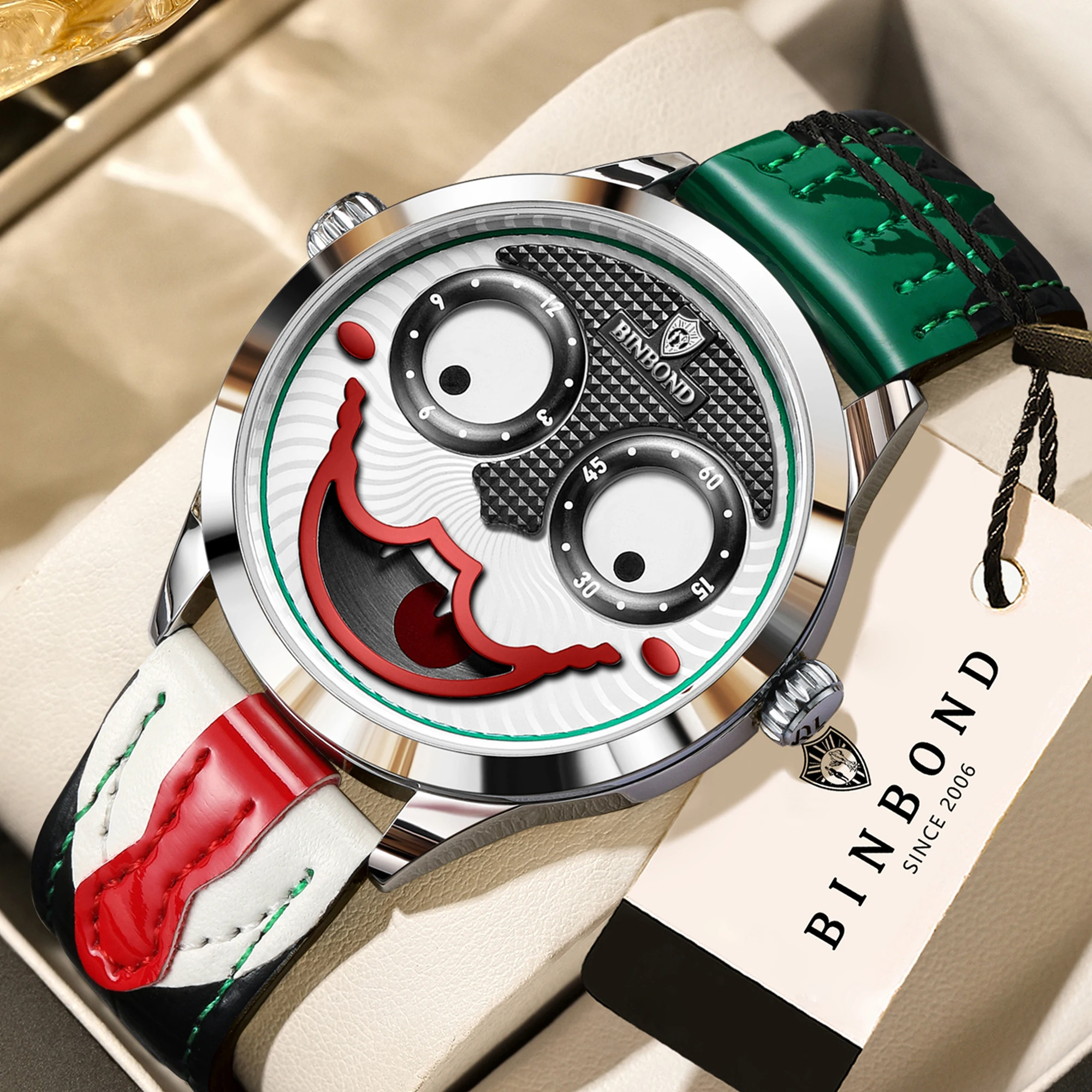BINBOND Herrenuhr, präzise Quarzuhren für Herren, luxuriös, wasserdicht, lässig, robuste Lederarmbanduhren, Clown-Gesicht, Reloj