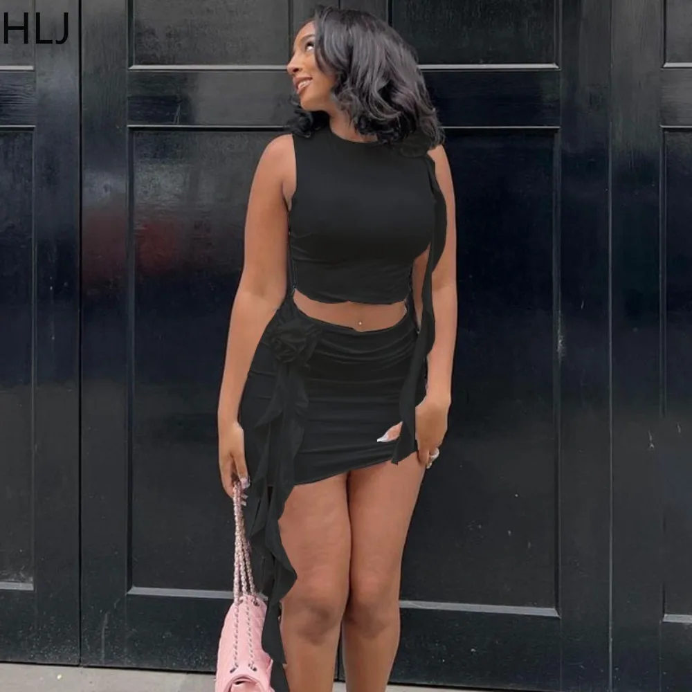 HLJ Sexy Rose Patchwork 2 Piece Skirt Set for Women Sleeveless Crop Tank Top and Bodycon Mini Skirt Matching Casual Streetwear