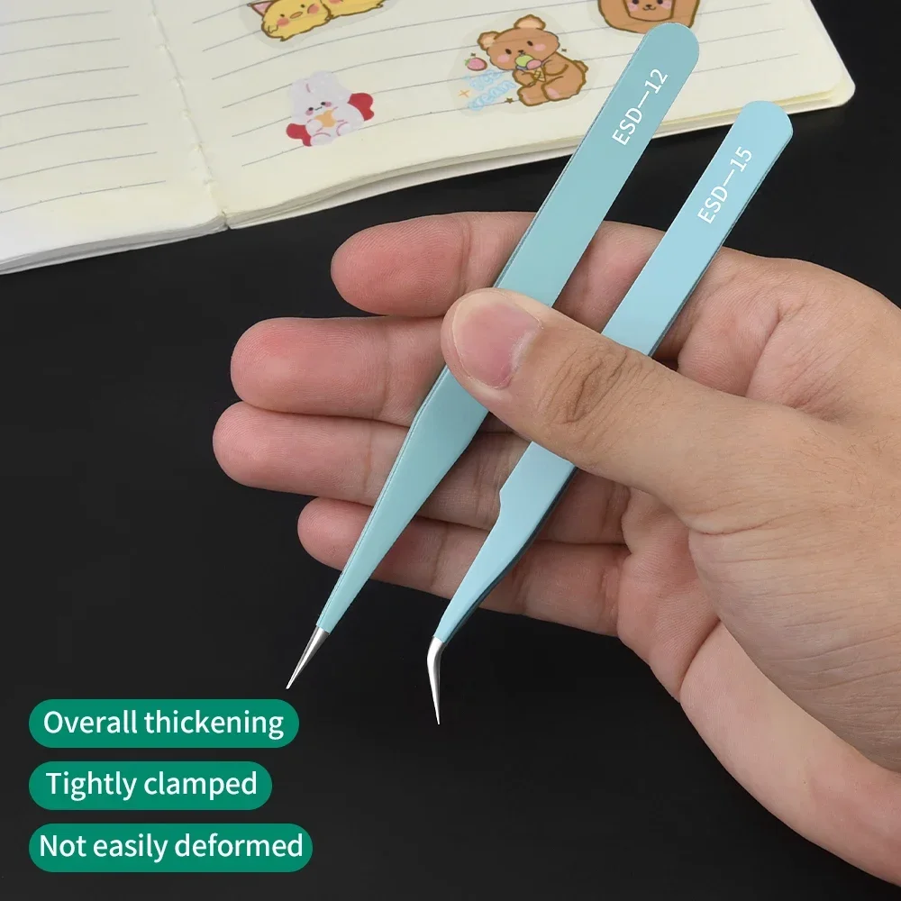 ESD-12 ESD-15 Colorful Anti-static and Anti-magnetic Tweezers Stainless Steel Precision Tweezers Macaron Manual Clip DIY