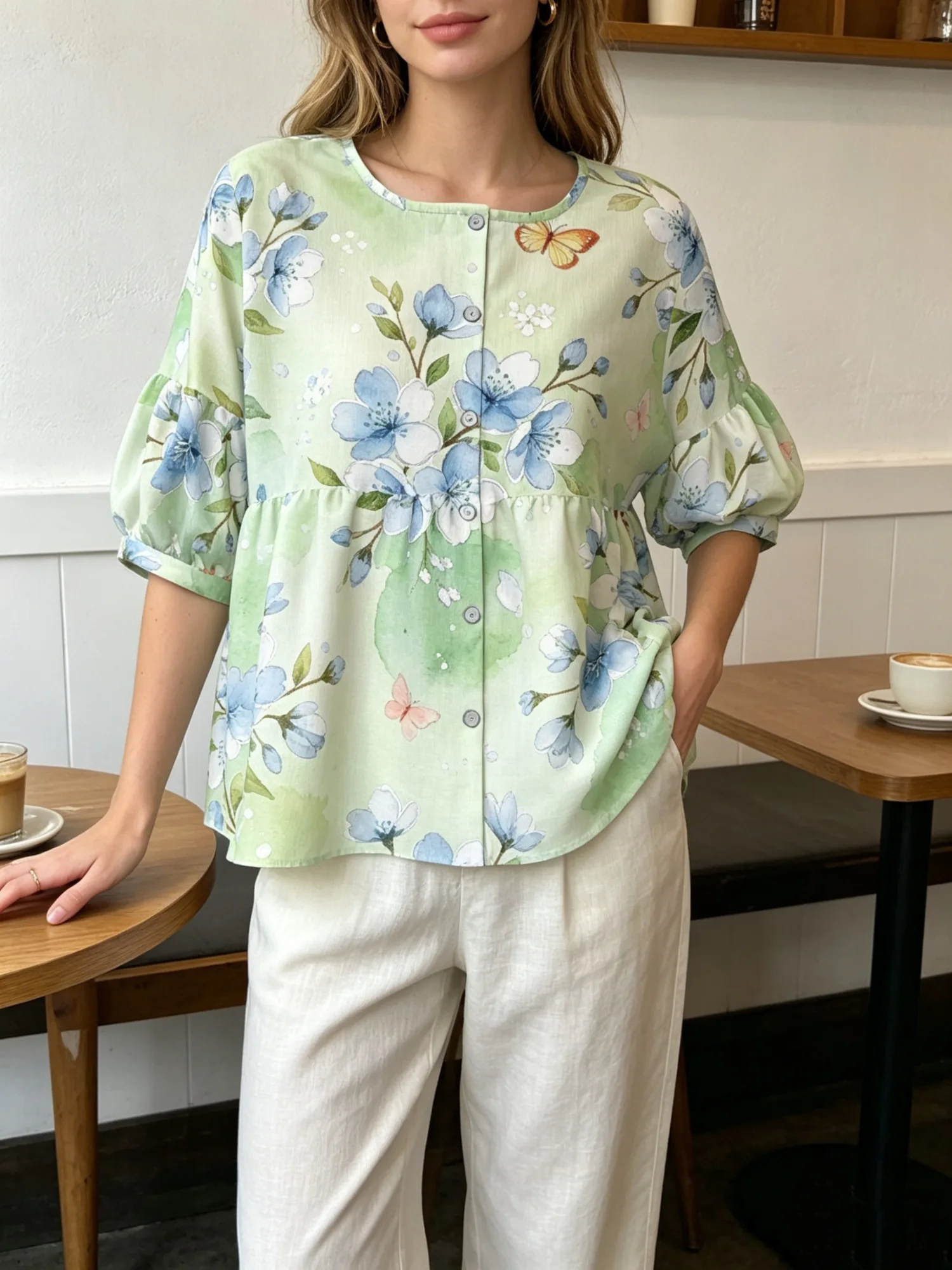 Women Sweet Flower Print Casual Shirt Crew Neck Button Front Half Bubble Puff Sleeve Soft Babydoll Blouse