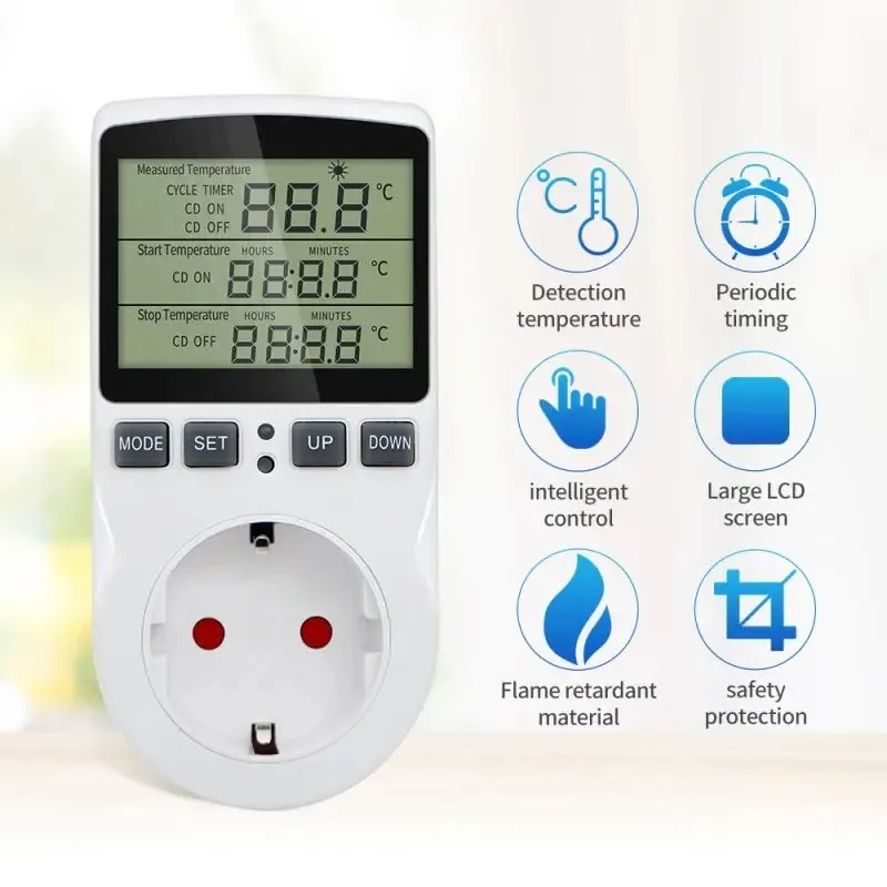 Timer Socket Thermostat Multi-Function Temperature Controller Outlet with Timer Switch Sensor Probe Heating Cooling