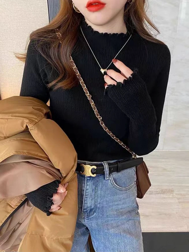 Pull froncé à col roulé pour femme, haut élastique, solide, mode automne-hiver 2025, Slim, tricoté, à bascule