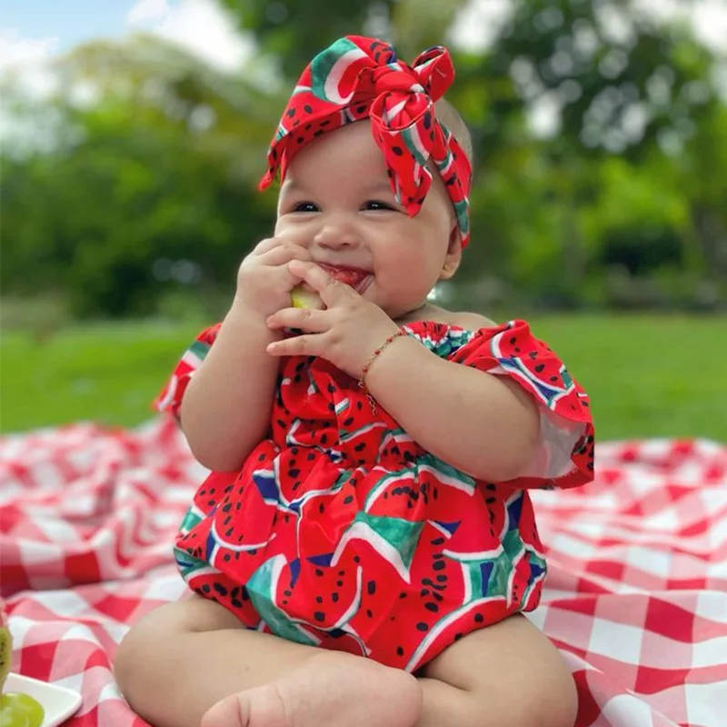 Baby Mädchen Rosa Wassermelonen-Print Strampler Säugling Rüschen-Body mit Stirnband Neugeborenen Rotes Wassermelonen-Karnevalskostüm – Detail 21