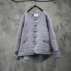 Careaymade Cotton Linen Women Solid Color Parkas Coats New Vintage Winter Loose Blue And White Porcelain Splice Cotton Coats