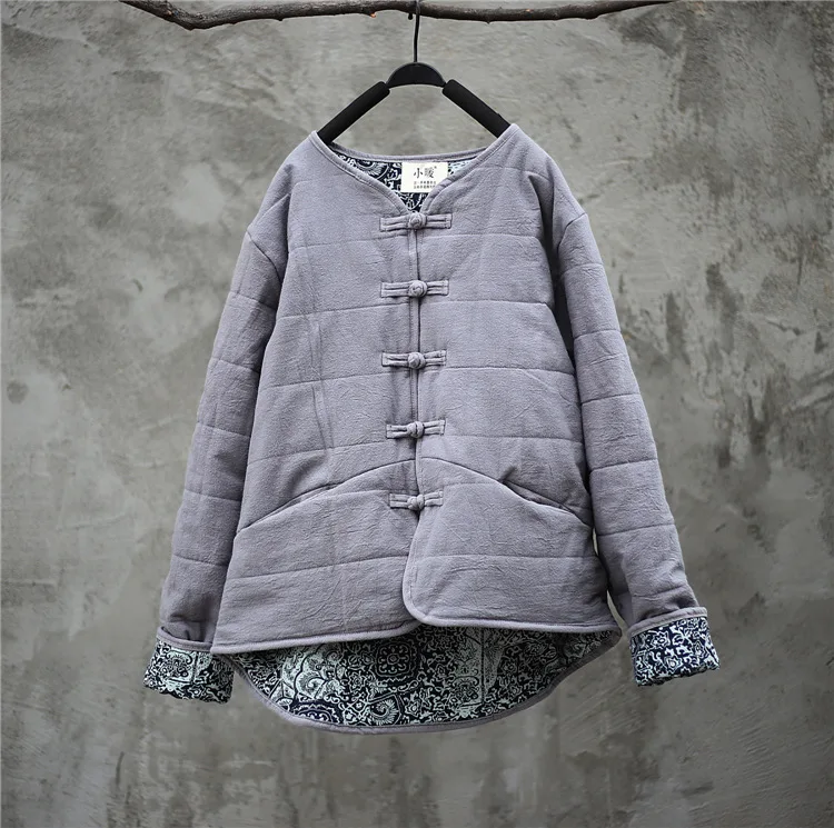 Careaymade Cotton Linen Women Solid Color Parkas Coats New Vintage Winter Loose Blue And White Porcelain Splice Cotton Coats