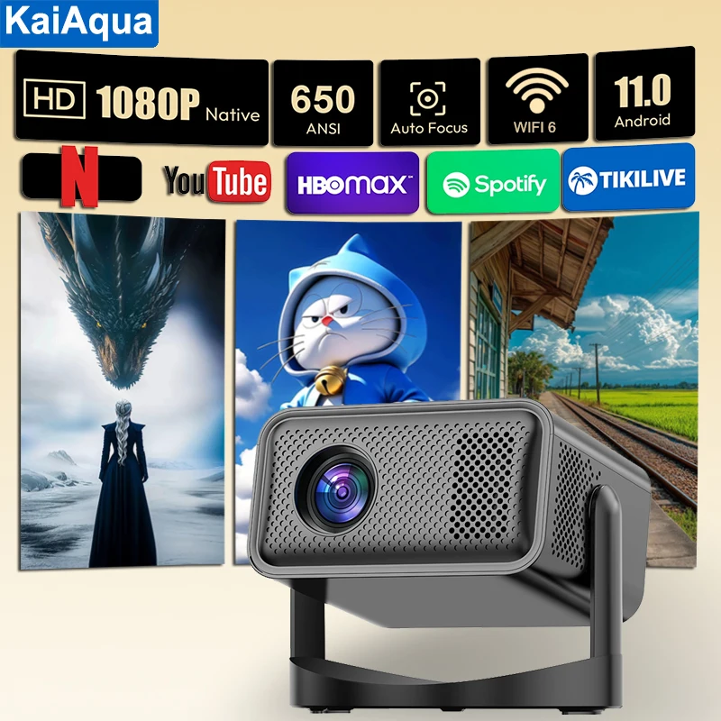 KaiAqua HT23 Plus 4K 650ANSI Native 1080P Proyector portátil Enfoque automático Corrección trapezoidal BT5.2Android11WIFI6 360 °   Cine en casa