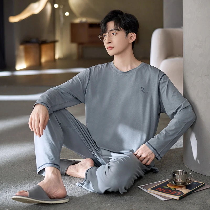 New Arrival Spring Men Pajamas Long Sleeve Male Pajama Set Men Knited Cotton Pajamas For Men Sleepwear Suit Loungewear 3XL