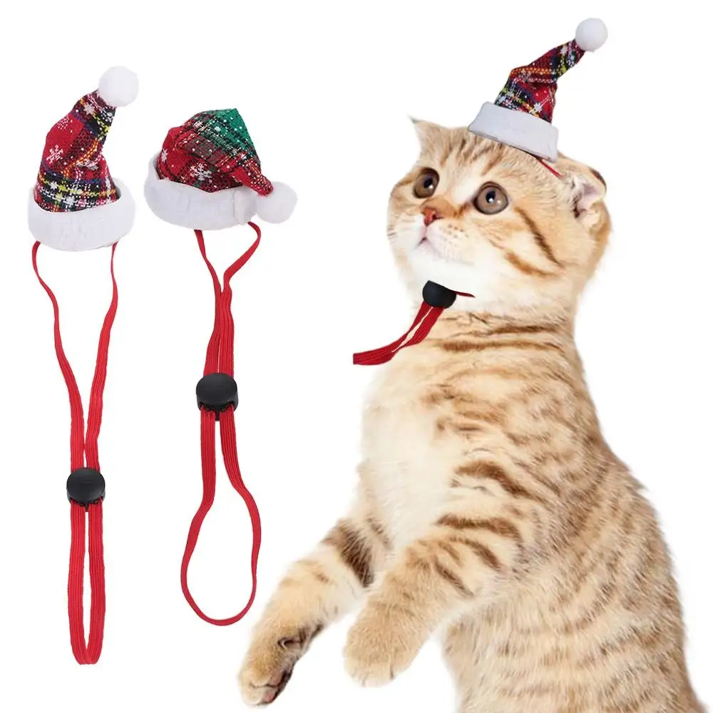 Decorative Christmas Pet Hat Cloth Adjustable Xmas Cat Santa Hat Red/Green with Drawstring Puppy Christmas Hat Party