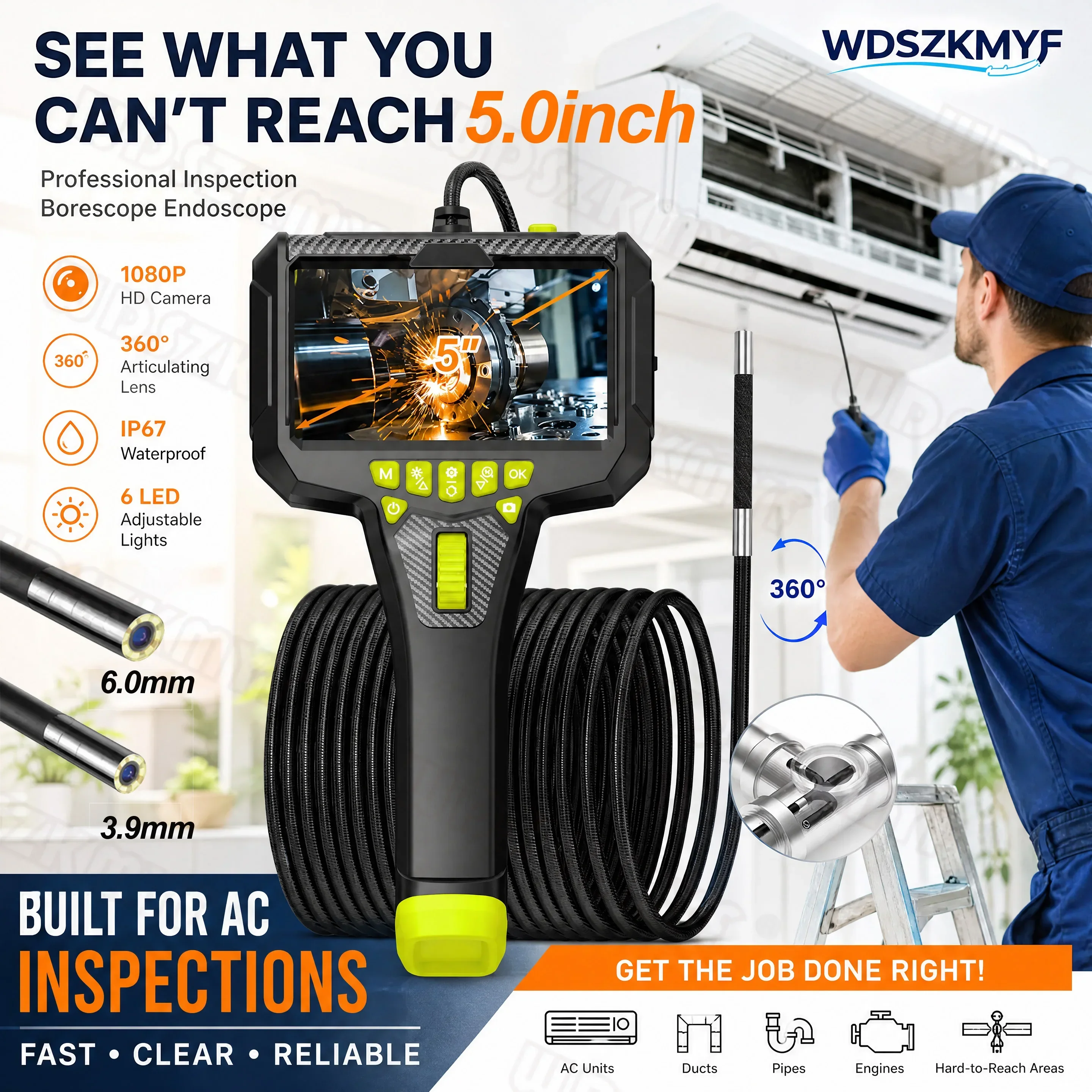 3.9MM/6.0MM Single Lens endoscope 360 ° rotating 5-inch IPS endoscope inspection camera with1080p screen IP67 Waterproof Probe