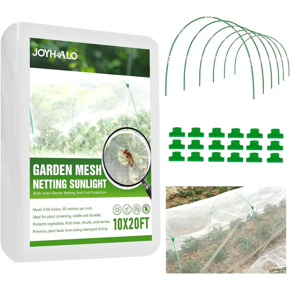 36-Pack Garden Hoops with 10x20ft Netting, 18 Clips for Raised Beds, Bird and Cicada Protection