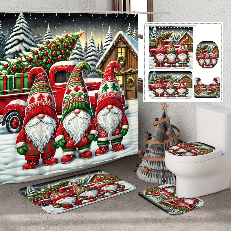 [Open] 1/4pcs Christmas tree winter set gnome truck wreath cute red green shower curtain waterproof polyester was