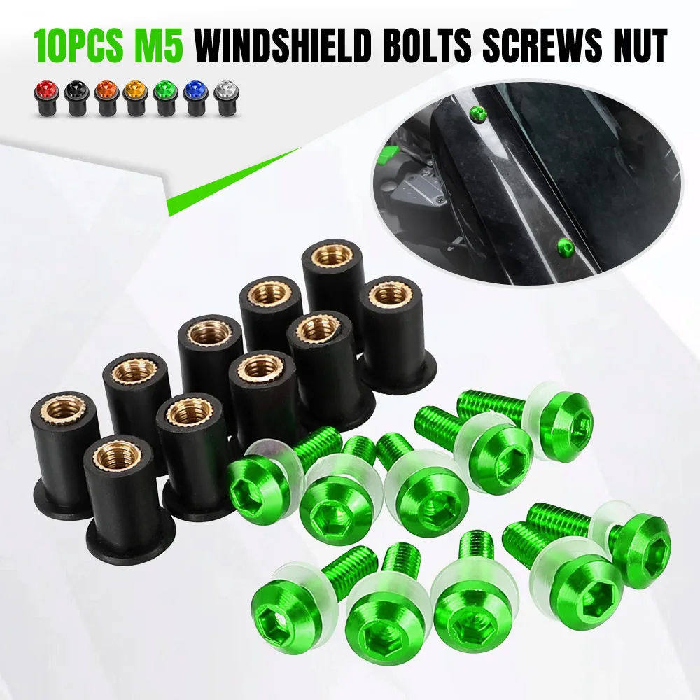 For KAWASAKI Ninja 250 300 650 H2R 250R ZX6R ER6N ZX14R 10PCS M5 Motorcycle Windshield Windscreen Deflectors Bolts Screws Nut