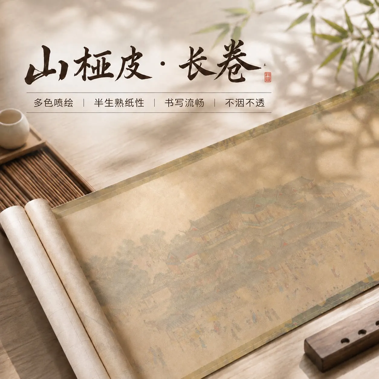 34cm x 10m Half-Ripe Xuan Paper Roll, Chinese Painting Scroll, Wax Dyed Thickened Rice Paper for Calligraphy Practice
