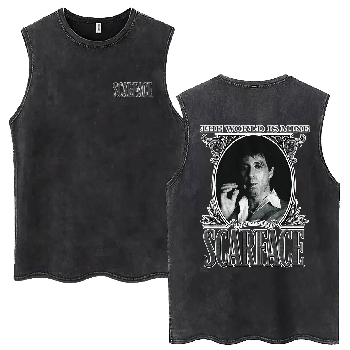 

Classic Men Women Gangsters Movie Scarface Vintage Washed Tank Tops Tony Montana Al Pacino The World Is Mine Sleeveless T-shirts