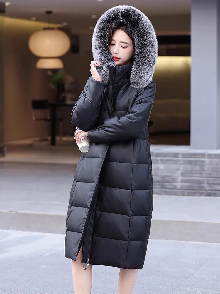 New Women Winter Long Leather Down Coat Fashion Real Fox FurCollar Wide-waisted Loose Down Coat Casual Thick Warm Overcoat