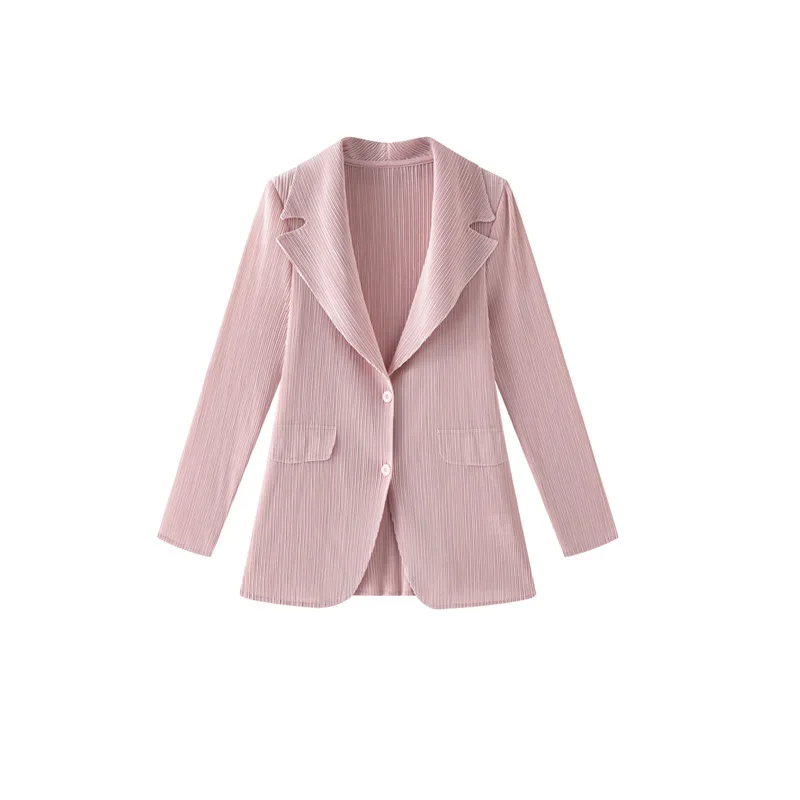 Miyake‑Inspired Pleated Blazer Women Lapel Collar Two‑Button Solid Pink Loose Wrinkle‑Resistant Pockets Casual Suit Jacket