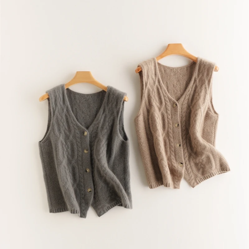 

Women 100% Cashmere Sweater V-neck Waistcoat Cable Knit Sleeveless Cardigan Autumn Winter Luxury Simple Style Cashmere Top Vest