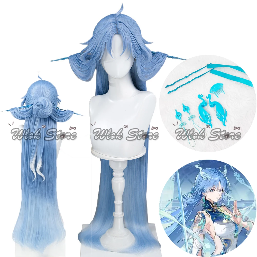 Wuthering Waves Qingxiao Cosplay Wig Gradient Blue Long Hair Dragon Horn Headwear Hairpin Earrings Set For Women Halloween Party