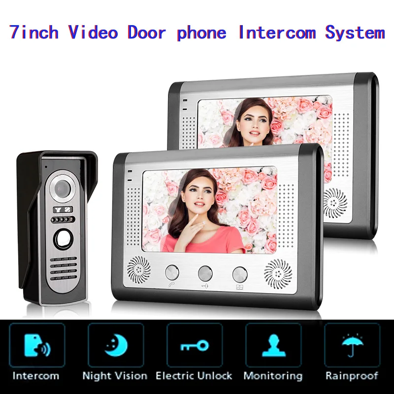 

Visual Intercom Doorbell 7'' TFT Color LCD Wired Video Door Phone System Indoor Monitor Outdoor IR Camera Support Unlock 1 TO 2