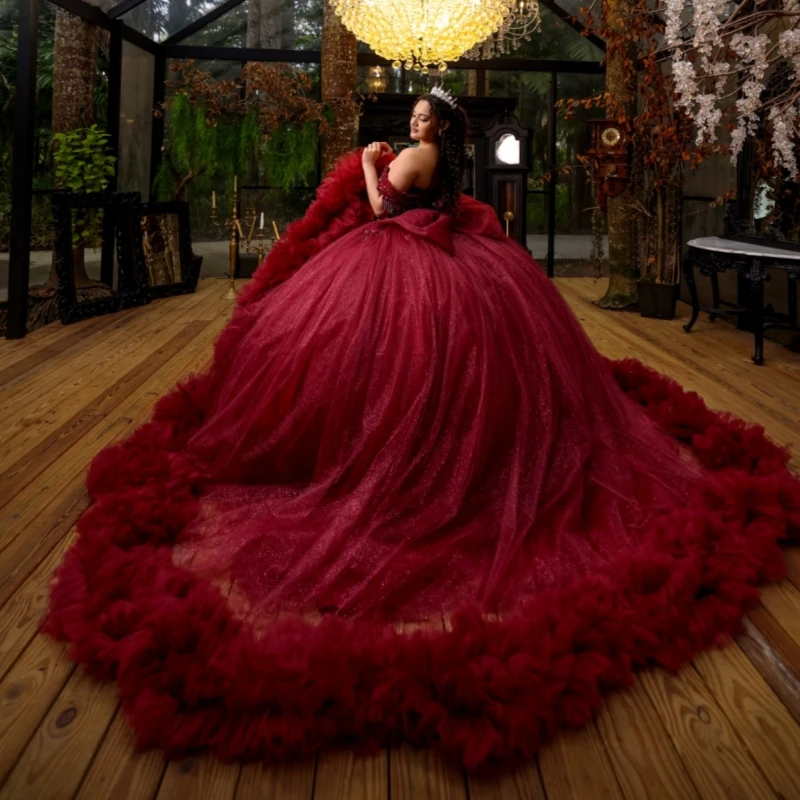 

Red Shiny Quinceanera Dresses Ball Gown Off The Shoulder Applique Lace Beading Crystal Corset Tiered Tull Bow Party Birthday