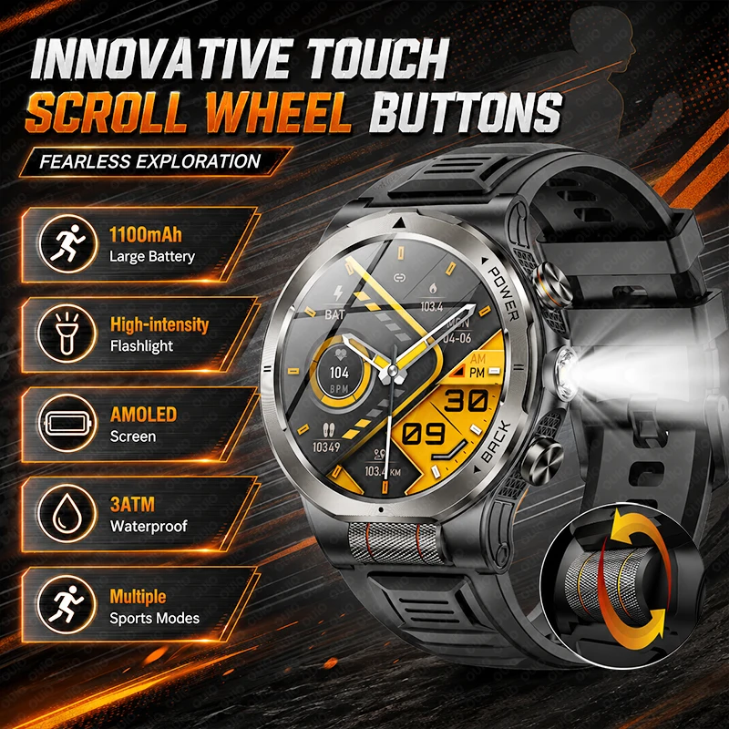 

Outdoor Sports Smart Watch 1.43" AMOLED Screen 1100mAh Battery 100+ Sports Modes 3ATM Waterproof Wireless Call Smart Watch Men