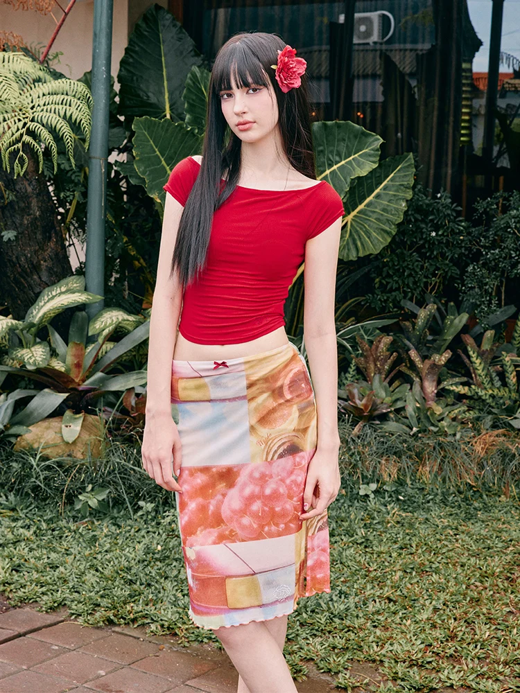 

High Quality Hot Selling Wholesale 2025 New Vacation Mesh Printed Medium Long Straight Tube Skirt Women's Short Sleeved T-shirt