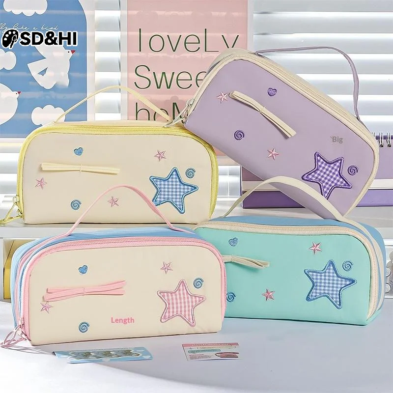 Case With Pencil Holder - กระเป๋าใส่ดินสอน่ารักพร้อมที่จับ กล่องใส่ปากกาความจุขนาดใหญ่ ออแกไนเซอร์สำหรับอุปกรณ์สำนักงาน อุปกรณ์เสริมโต๊ะทำงาน