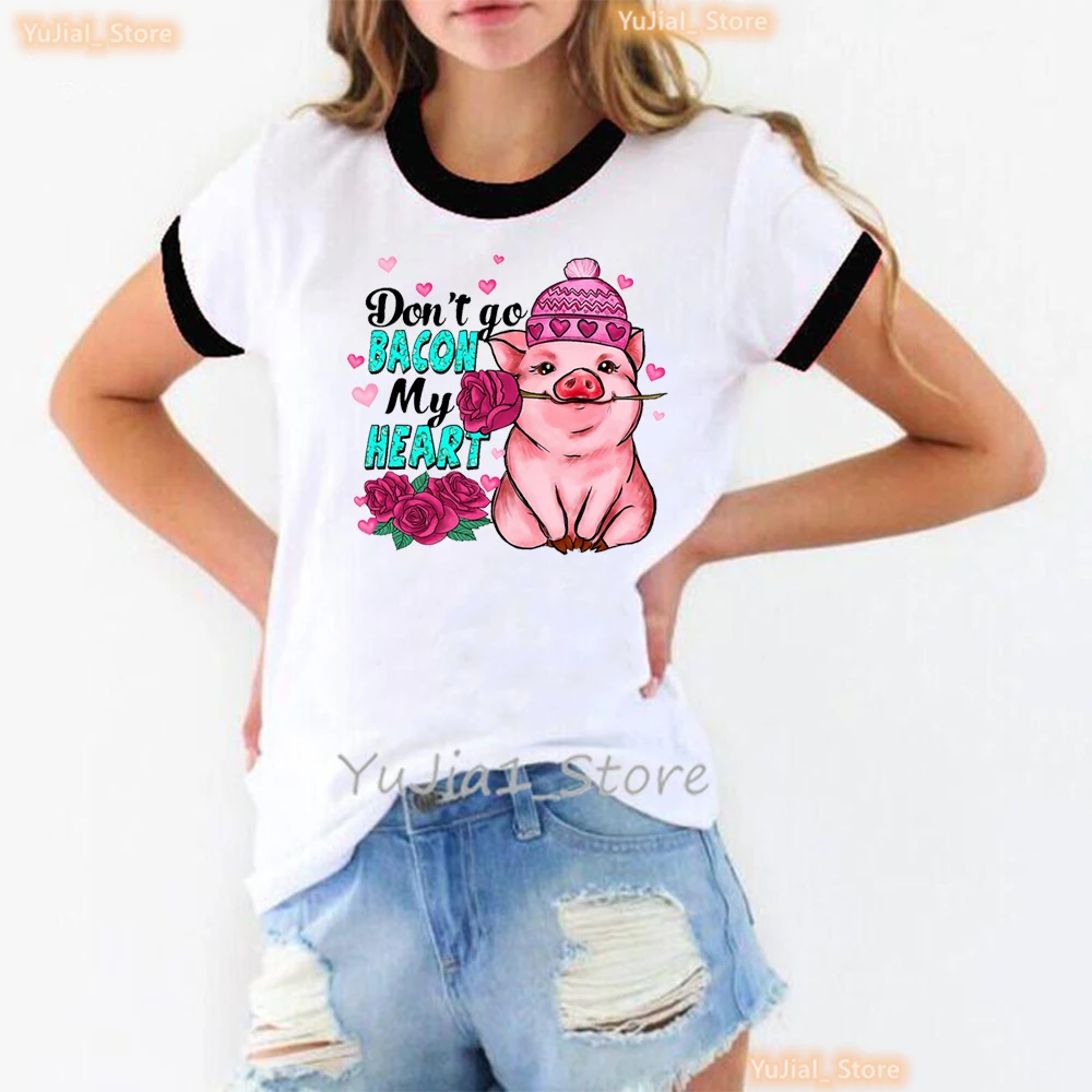 Don'T Go Bacon My Heart Pig Graphic Print T Shirt Girls Red Rose Kawaii Tshirt Women Harajuku Shirt Summer Short Sleeve T-Shirt