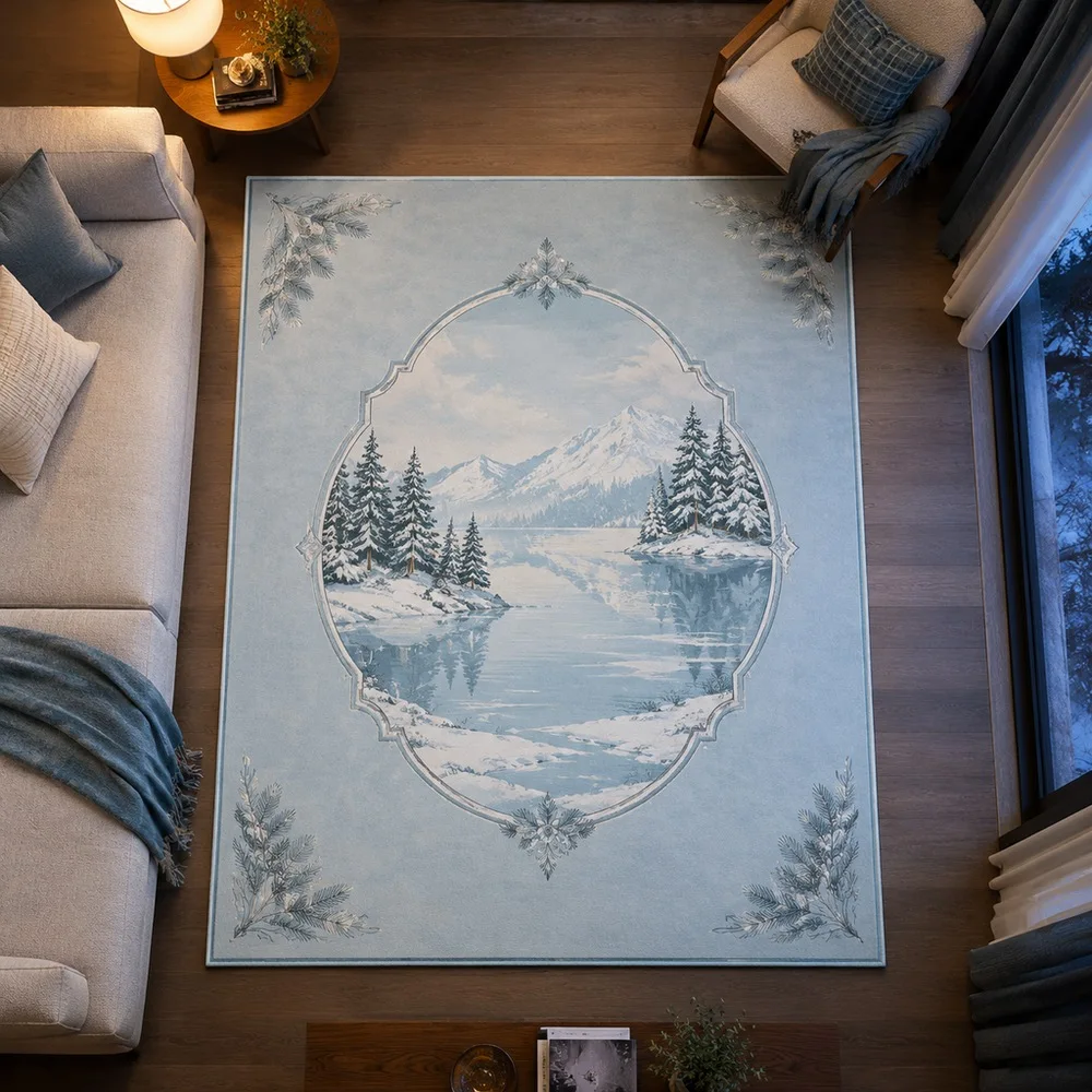 VIKAMA Carpet Rug Ice Blue Frozen Lake Shore Winter Fluffy Foldable Washable Coffee Table Living Room Entryway Sofa Room Decor