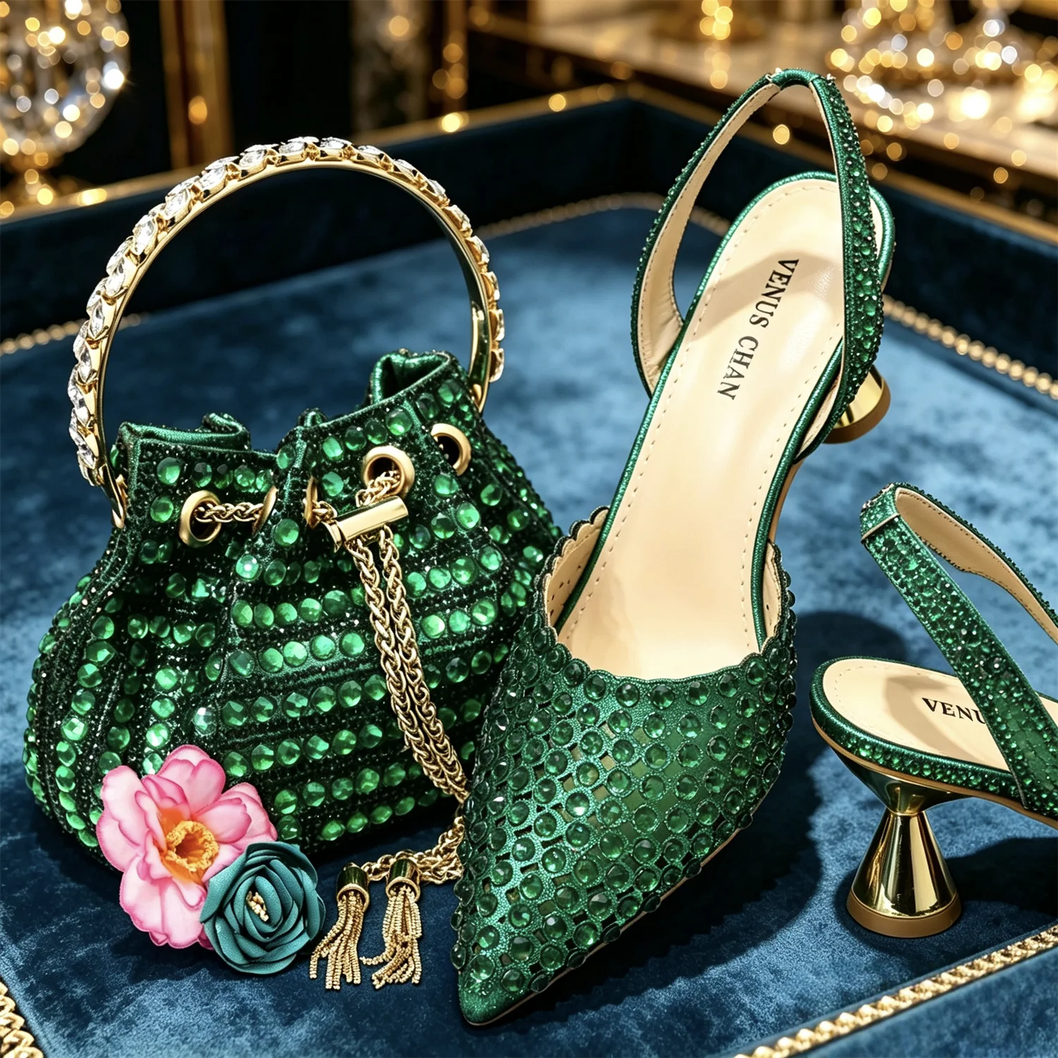 Elegant Rhinestone Shoe & Bucket Bag Set Crystal Heels Purse For Wedding Party Evening Events Women Bridal Glitter Footwear Kit