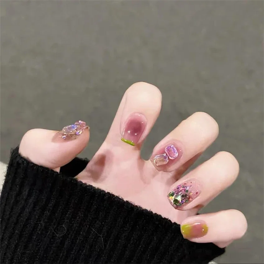 24Ps/Set Succulent Sugar Fake Nail Patch Spice Girls Aurora Short Removable Wearing False Nail French Acrylic Press on Nail Tips