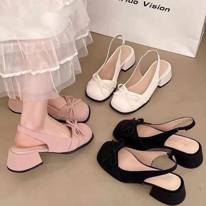 

Женские босоножки на каблуке с бантом, туфли на высоком каблуке с квадратным носком, женские летние модные платья с открытой пяткой, элегантные туфли-лодочки на мелком каблуке