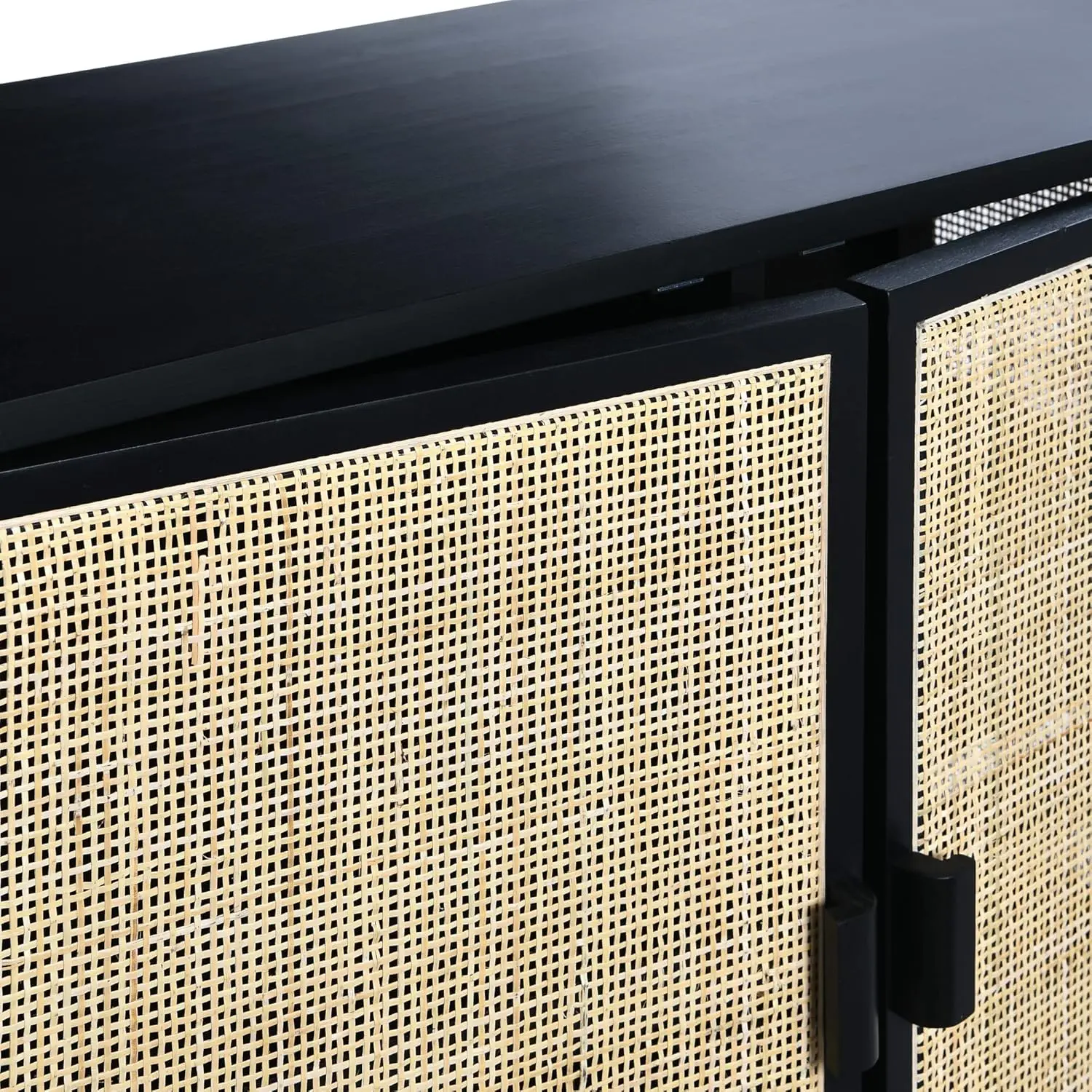 Pine Wood Natural Rattan Detail Cabinet, Black