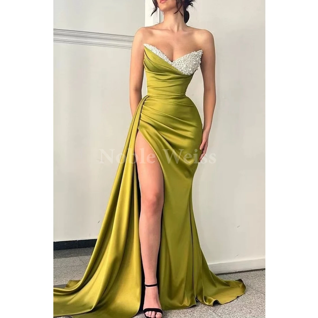 Green Sequined Prom Dresses Side Split Evening Gowns Pleat Mermaid Women Gowns Customize