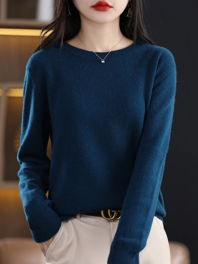Autumn Winter Women O-Neck Pullover 100% Merino Wool Sweater Soft  Long Sleeve Cashmere Knitwear Solid Basic Style Korean Tops