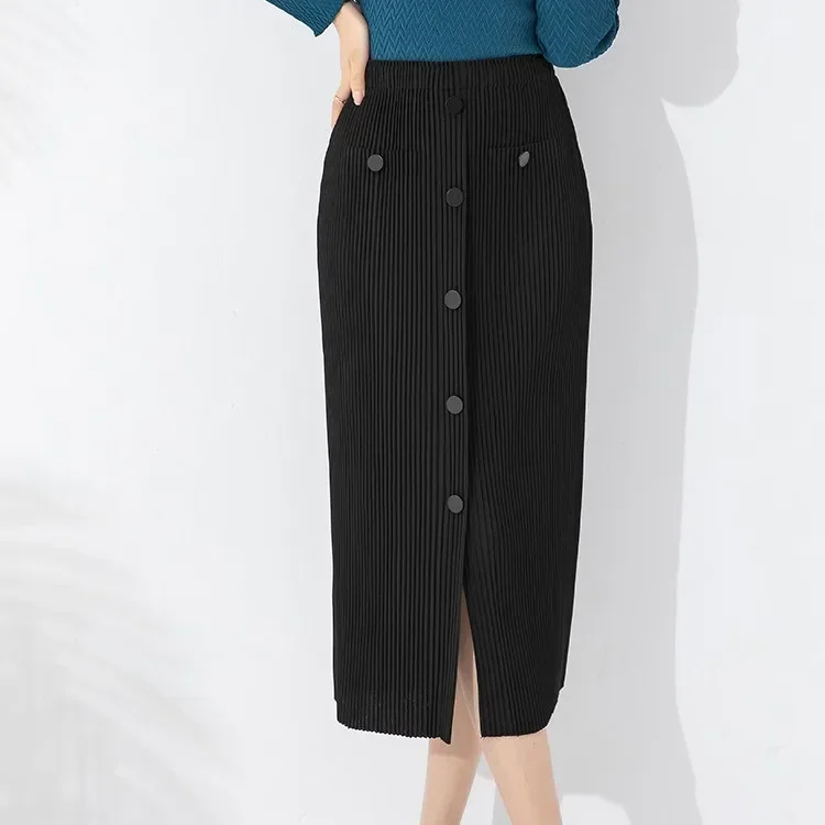 Miyake Skirt Women's Autumn New 2023 Fashionable Single-breasted Slit Elastic Waist Bag Hip Skirt Pleated Thick Material